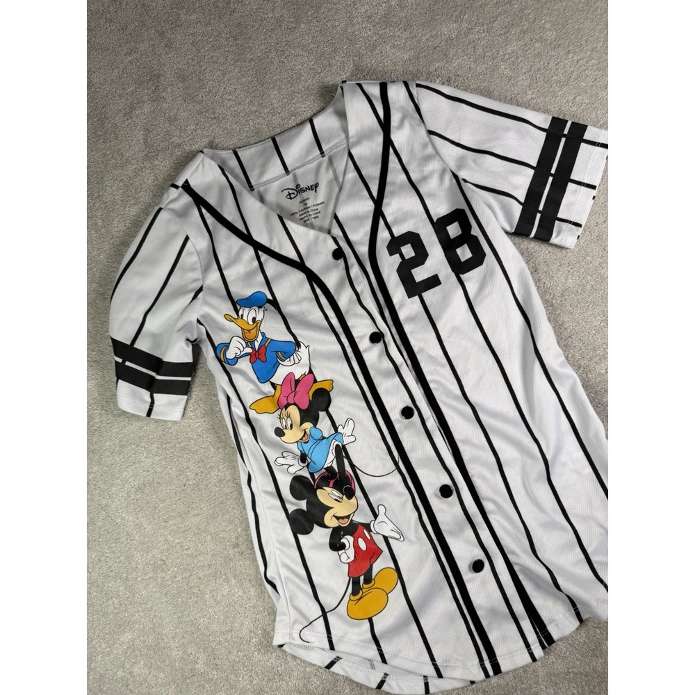 Disney Women M Mickey Minnie Donald Goofy Daisy Baseball Jersey White Black #28